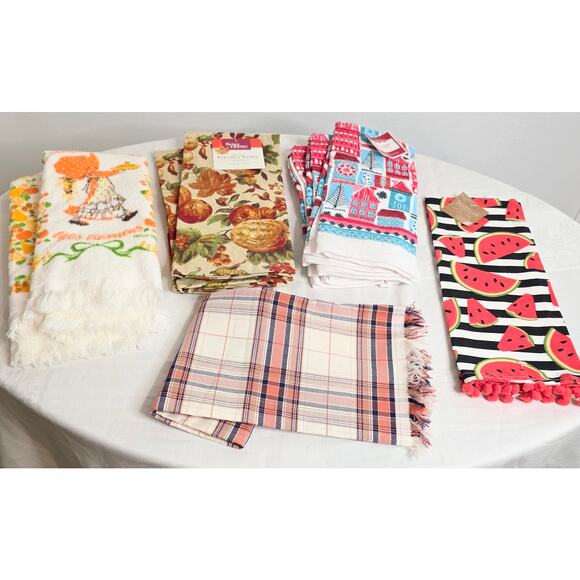Set of 9 Misc All Season Dish Towels Holly Hobby Autumn Winter Watermelon Plaid - Picture 1 of 6